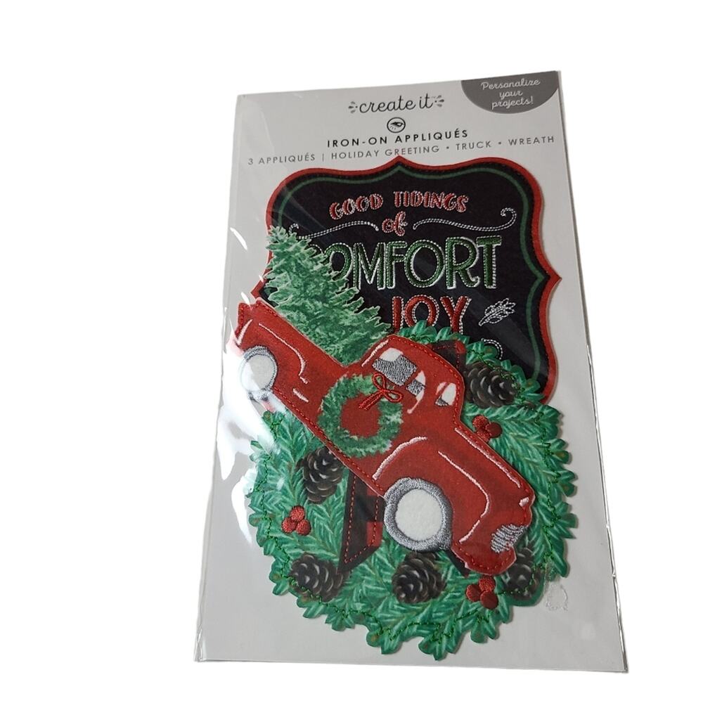 Create It Holiday Cotton Fabric Iron On Appliques 3pc Wreath Red Truck New - Picture 2 of 7